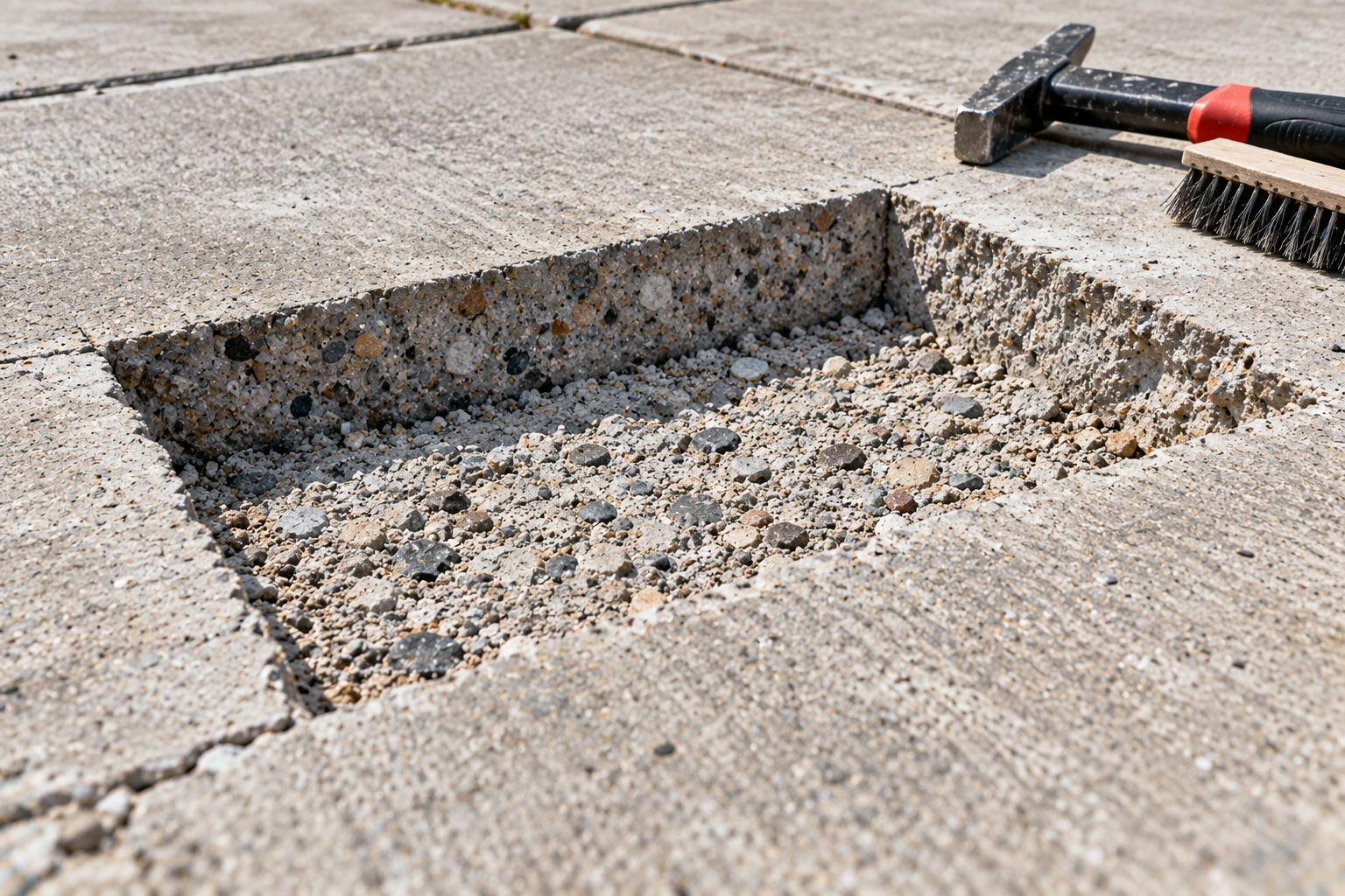 Close-up of a damaged concrete driveway with a prepared repair cavity, exposed aggregate, and a hammer and wire brush placed nearby for removing loose concrete and cleaning the surface.
