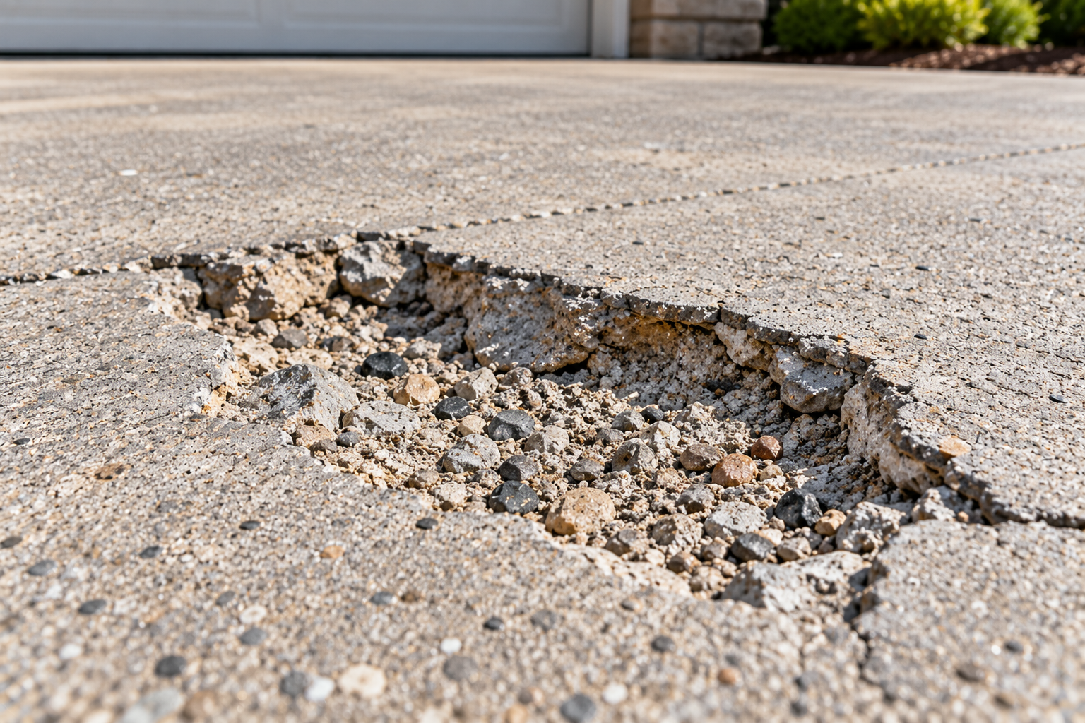 Close-up of a spalled concrete driveway with a large damaged cavity, broken concrete edges, loose gravel, and exposed aggregate surrounded by intact concrete.