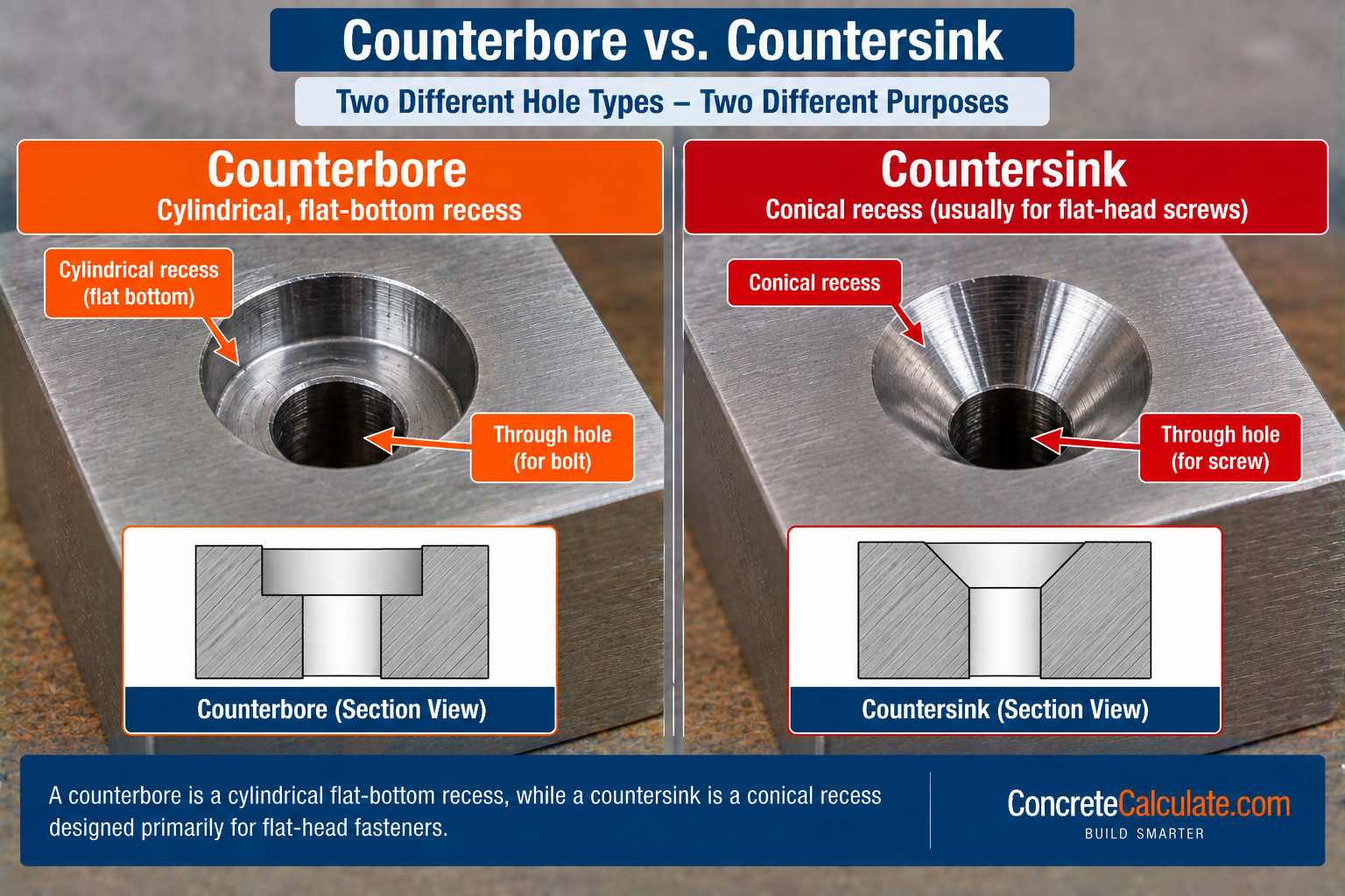 Counterbore vs countersink comparison showing a cylindrical flat-bottom recess for bolts and a conical recess for flat-head screws with section views.