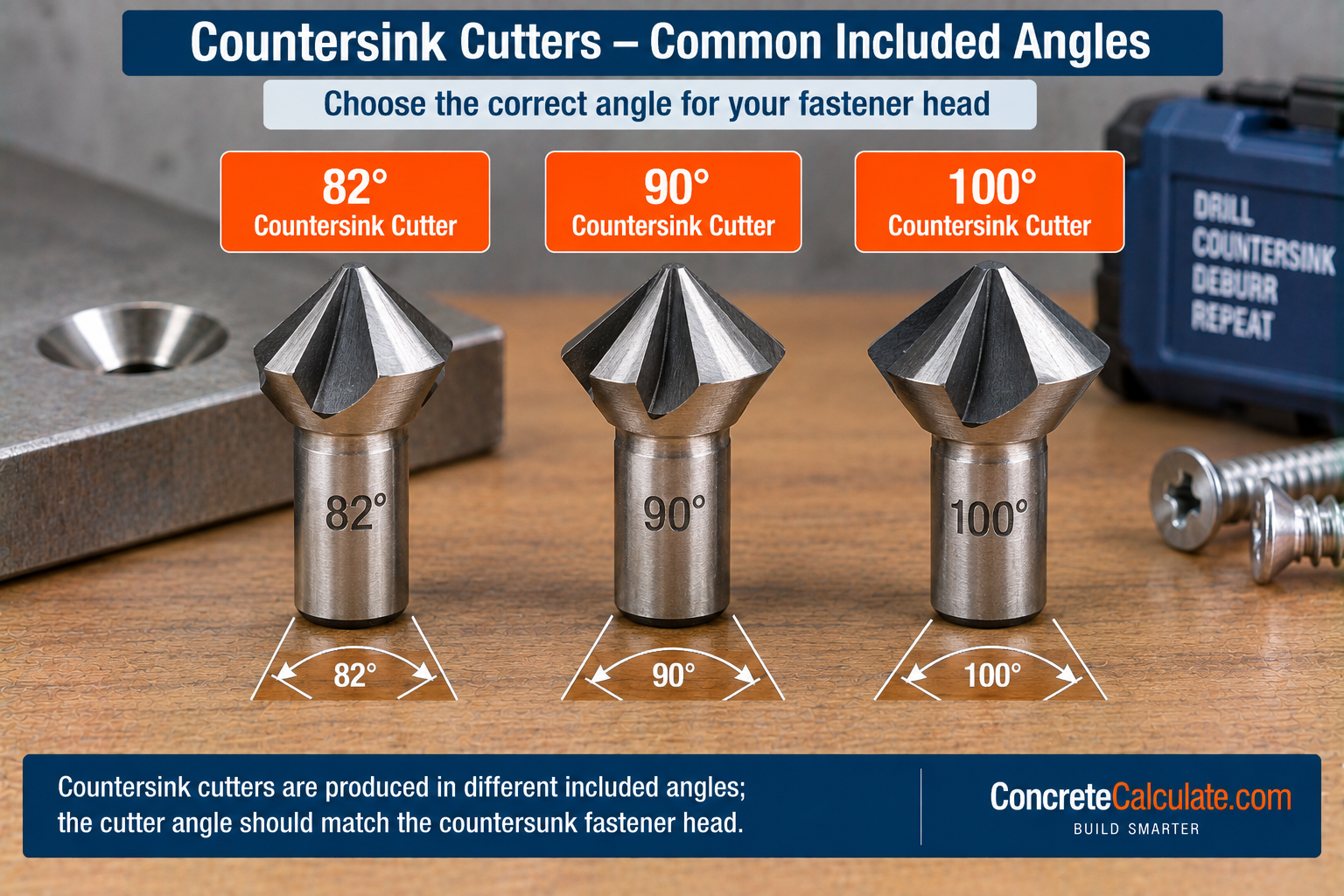 Comparison of 82-degree, 90-degree, and 100-degree countersink cutters showing common included angles used to match different countersunk fastener heads.