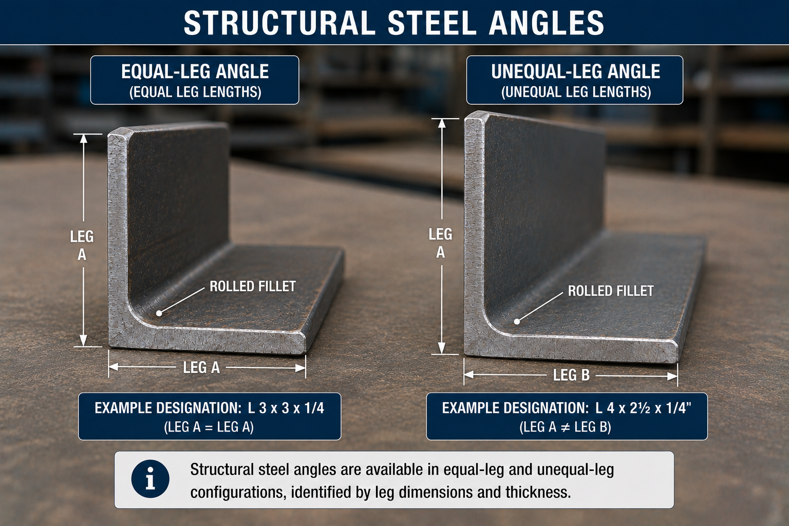 Equal-leg and unequal-leg structural steel angle comparison showing leg dimensions, thickness, rolled fillets, and example L-angle designations