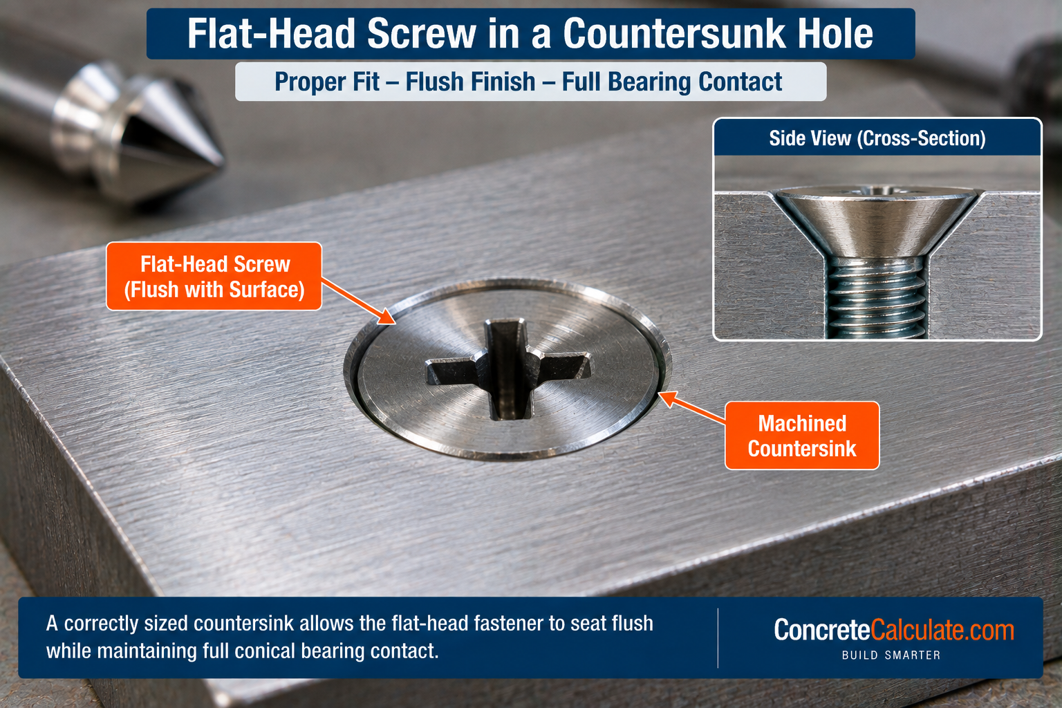 Flat-head screw seated flush in a machined countersunk hole, with a cross-section showing full conical bearing contact between the screw head and countersink.