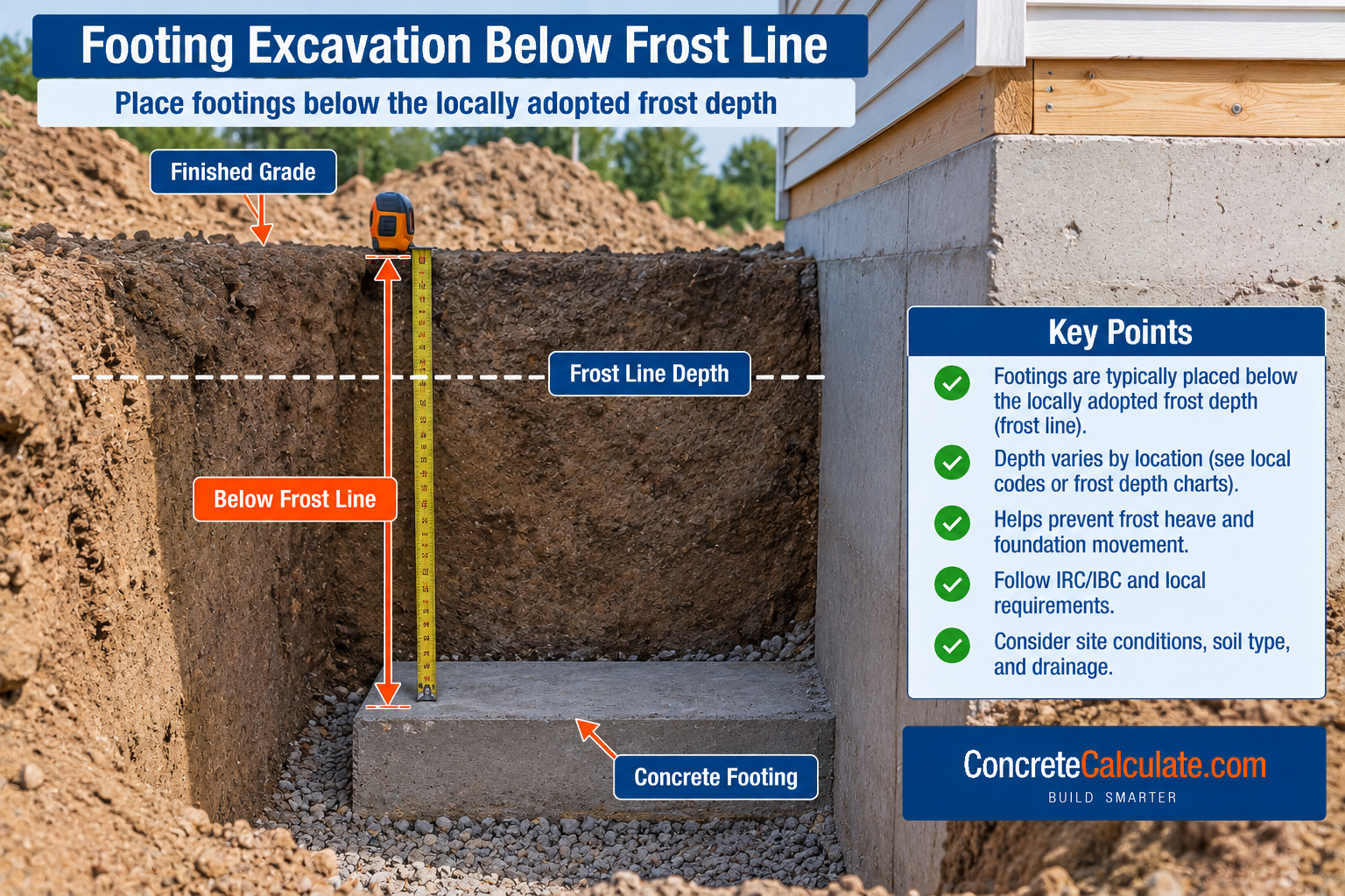 Foundation excavation showing a concrete footing placed below the frost line, with finished grade and frost depth clearly labeled.