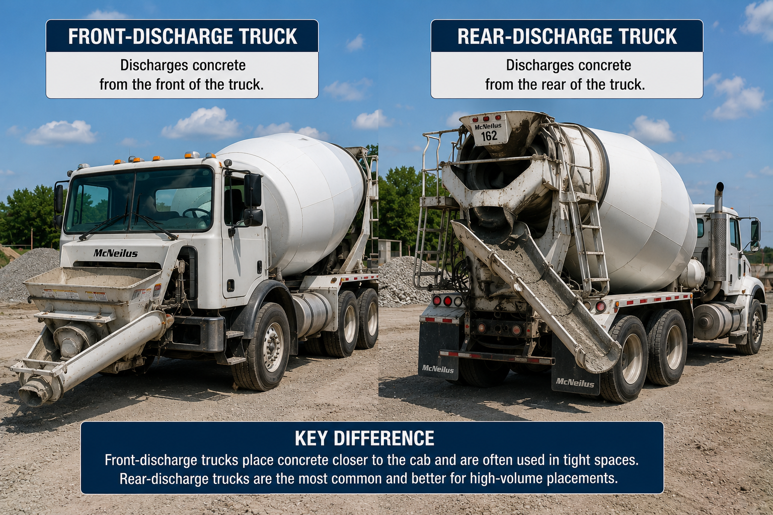Side-by-side infographic comparing a front-discharge concrete mixer truck, which dispenses from the front cab area, with a traditional rear-discharge concrete truck. Text overlays explain their specific use cases for tight spaces versus high-volume placements.