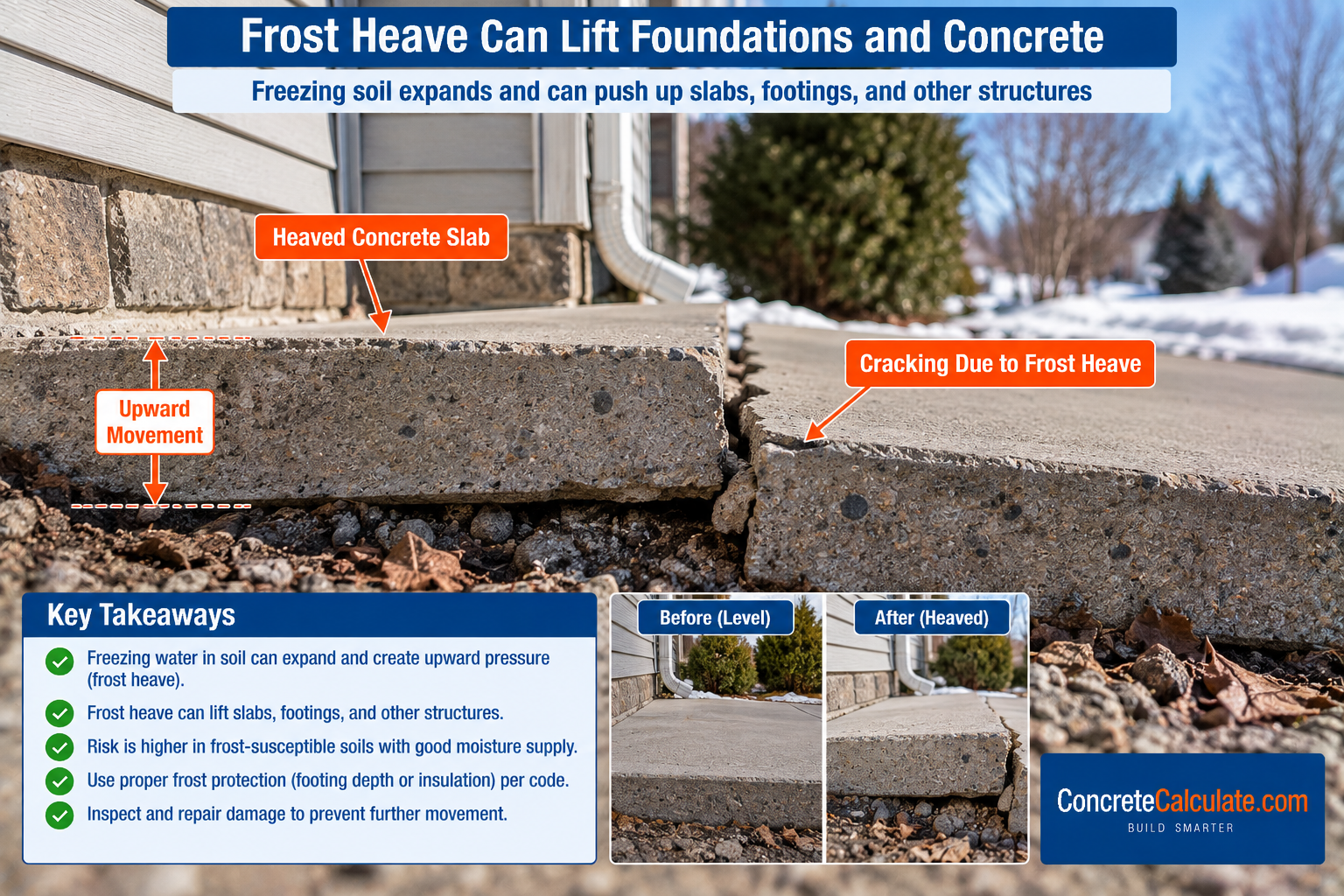 Concrete slab lifted and cracked by frost heave, showing upward movement caused by freezing soil beneath the concrete.