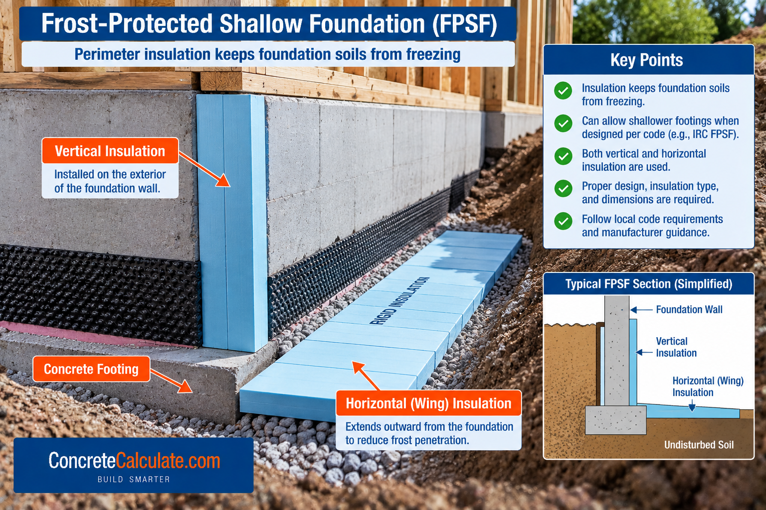 Frost-protected shallow foundation showing vertical foundation insulation, horizontal wing insulation, concrete footing, and a simplified FPSF section.