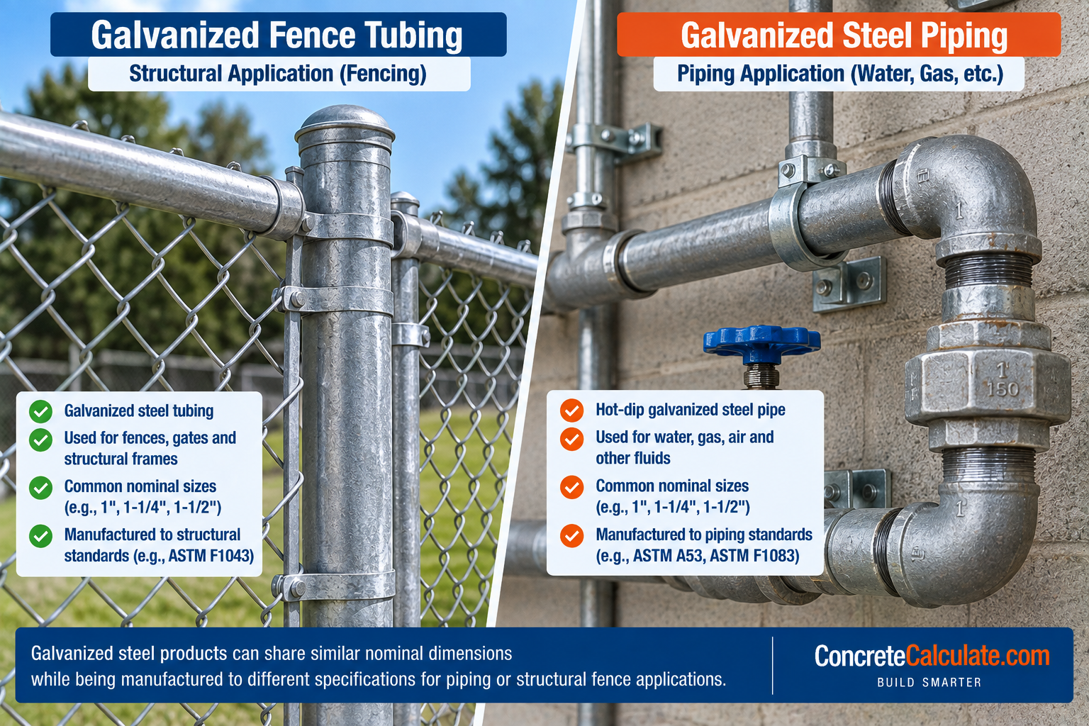Side-by-side comparison of galvanized fence tubing used for chain-link fencing and galvanized steel piping with threaded fittings used for water, gas, air, and other piping applications.