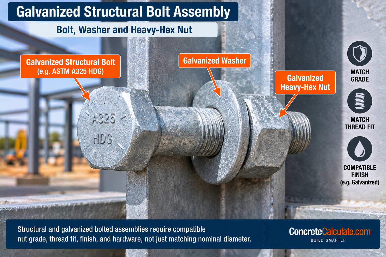 Galvanized structural bolt assembly showing a structural bolt, galvanized washer, and heavy-hex nut installed in a steel connection.