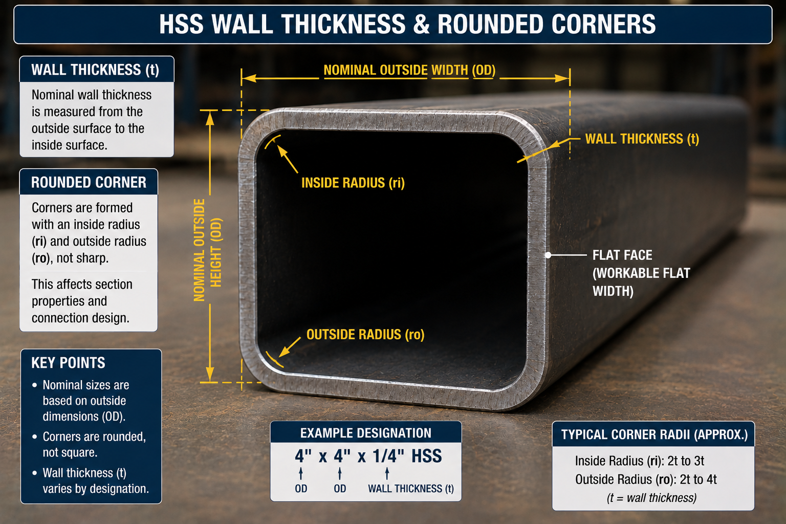 Cross-section diagram of a square Hollow Structural Section (HSS) detailing wall thickness (t), nominal outside dimensions (OD), and inside and outside corner radii (ri/ro) alongside structural engineering terminology.