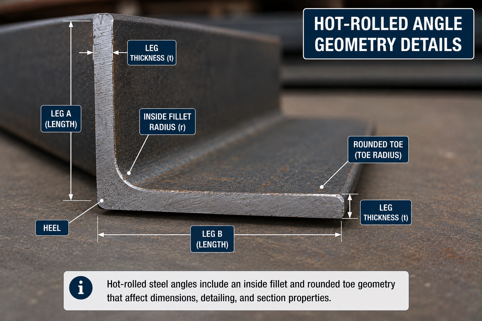 Hot-rolled structural steel angle geometry showing leg lengths, thickness, heel, inside fillet radius, and rounded toe