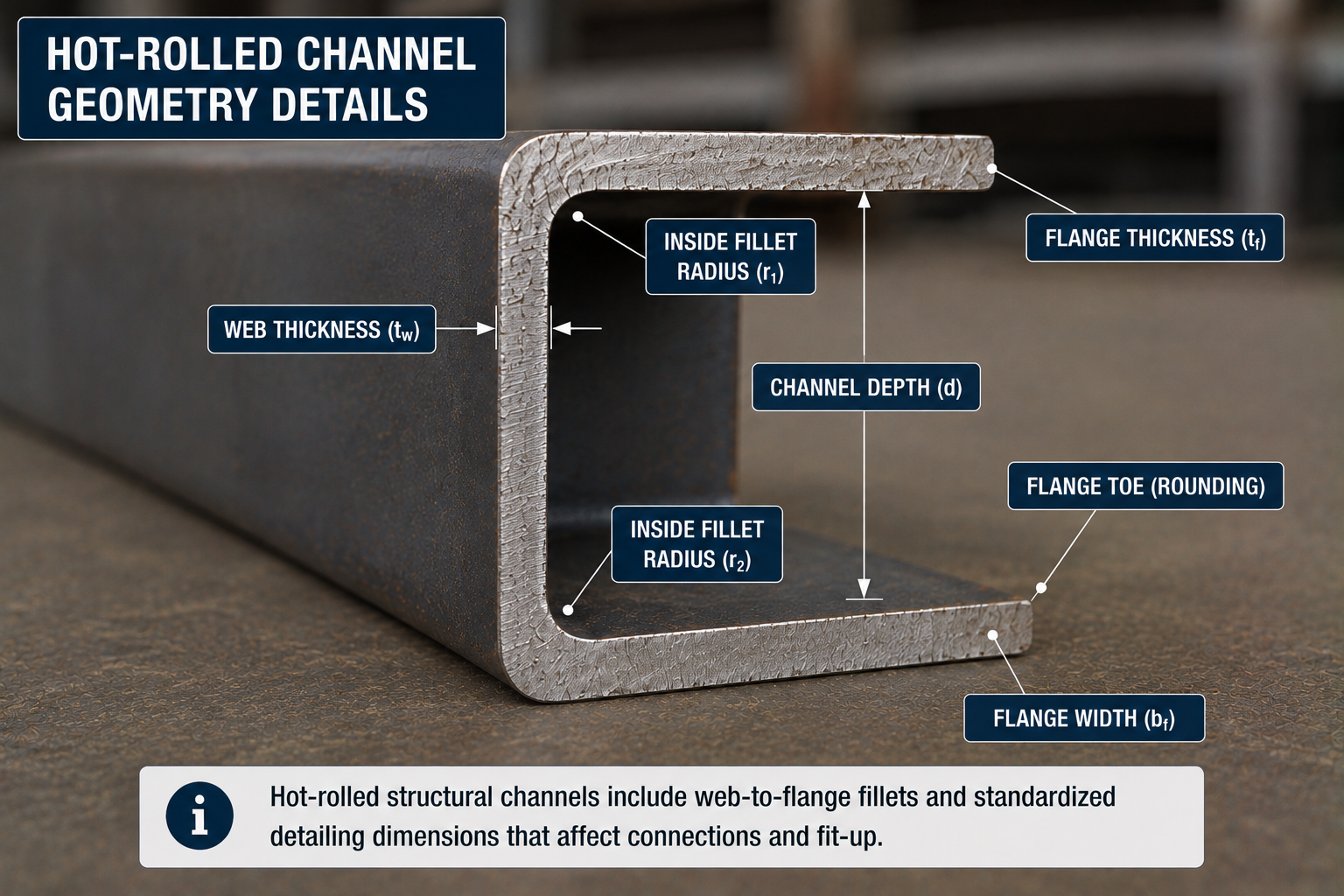 Hot-rolled steel channel geometry showing channel depth, flange width, web thickness, flange thickness, inside fillet radii, and rounded flange toe.