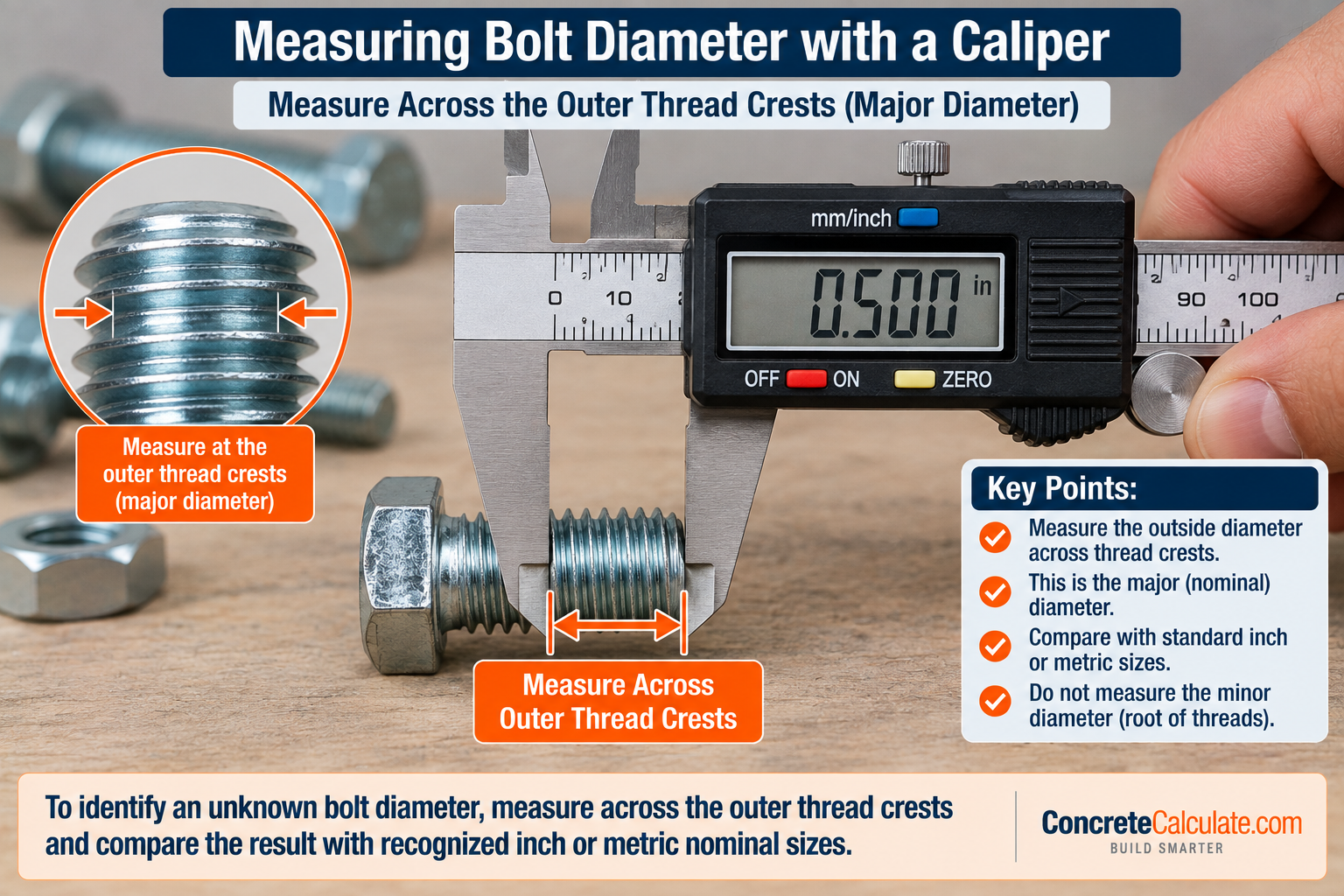 Digital caliper measuring a 1/2-inch bolt diameter across the outer thread crests to determine the major nominal diameter of a threaded bolt.