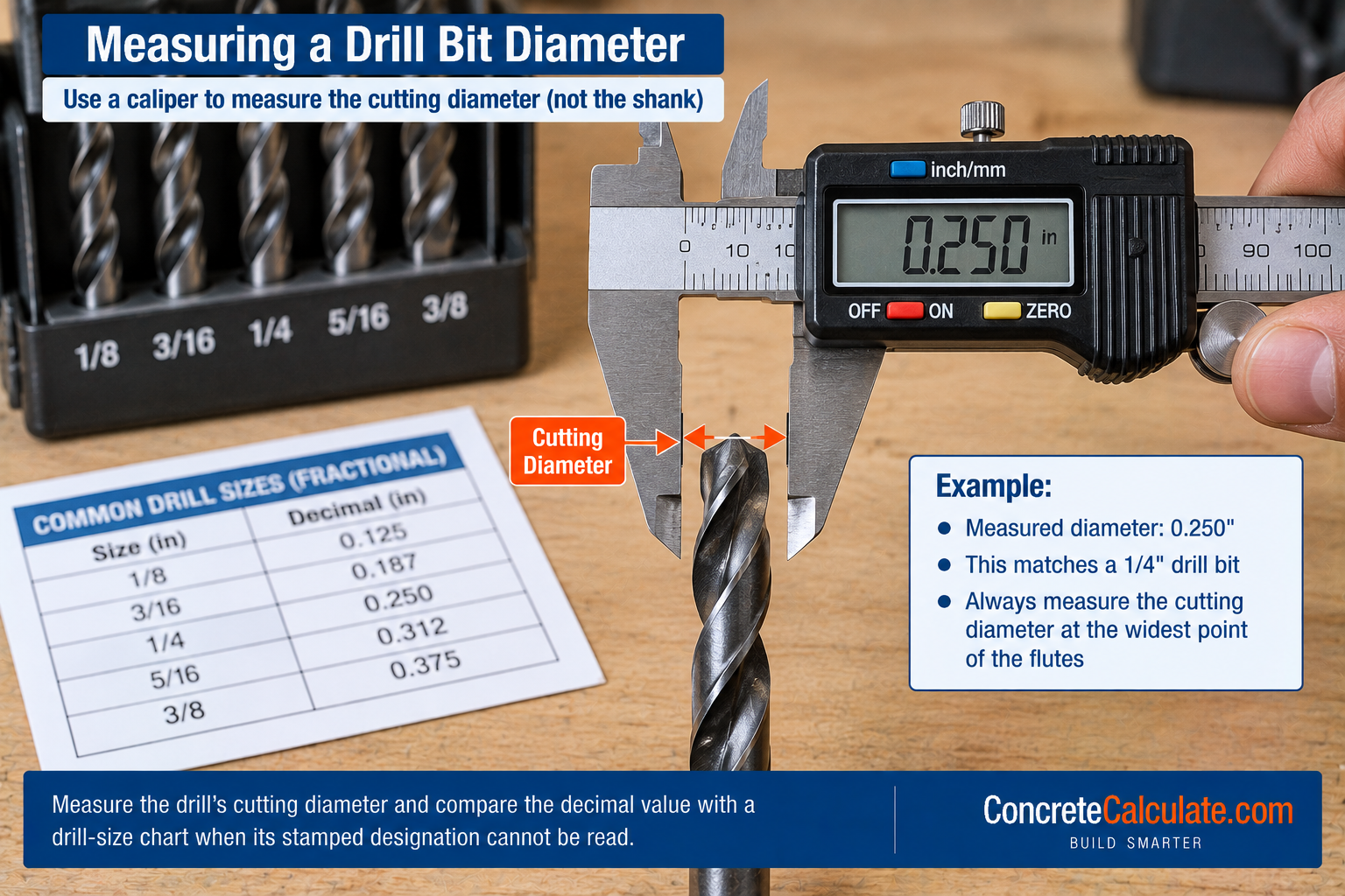 Digital caliper measuring the cutting diameter of a drill bit at 0.250 inches, corresponding to a 1/4-inch drill bit.