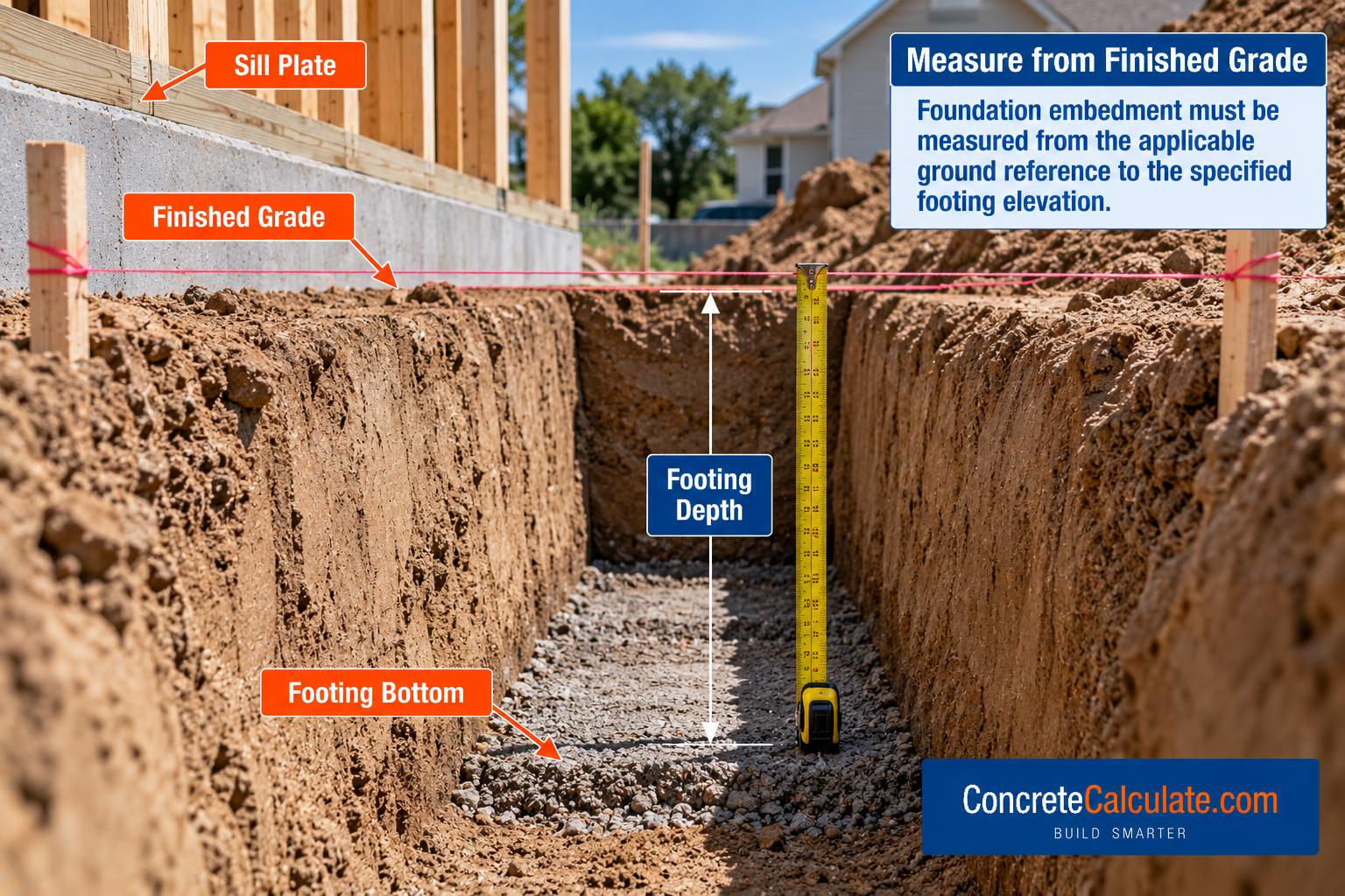 Foundation excavation showing a tape measure extending from the finished grade reference line to the bottom of a footing trench, illustrating how to measure footing depth beside a residential concrete foundation.