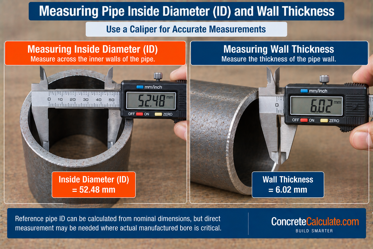 Measuring pipe inside diameter and wall thickness with digital calipers, showing an inside diameter of 52.48 mm and pipe wall thickness of 6.02 mm.