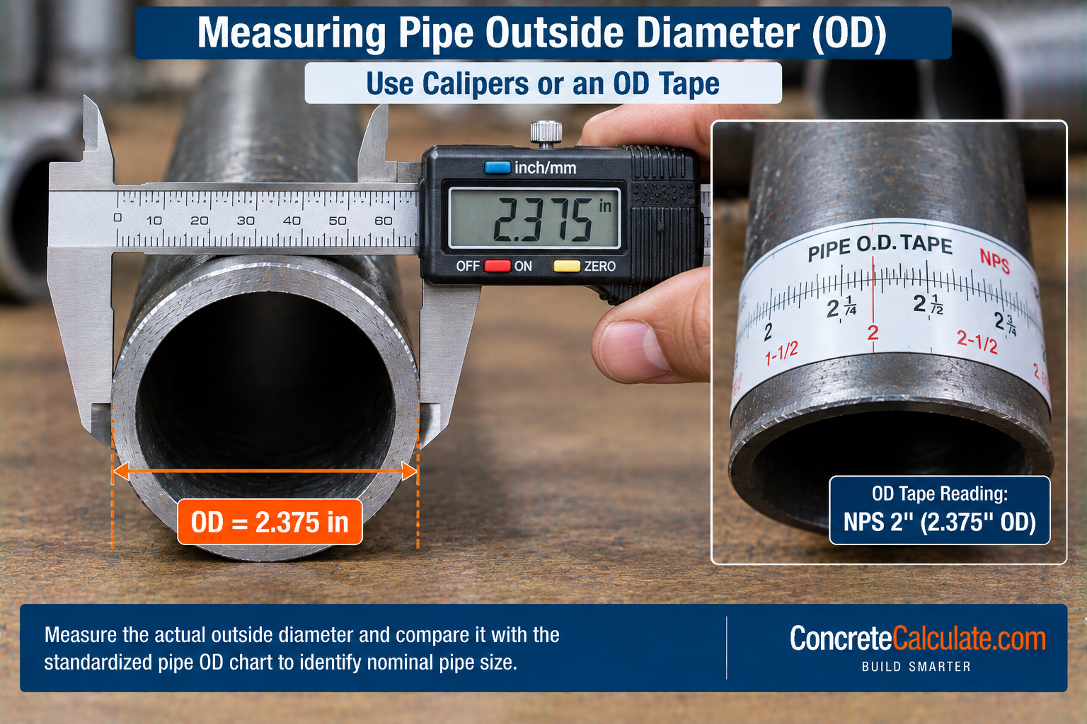 Measuring the outside diameter of an NPS 2-inch pipe using digital calipers and pipe OD tape, showing an actual outside diameter of 2.375 inches.