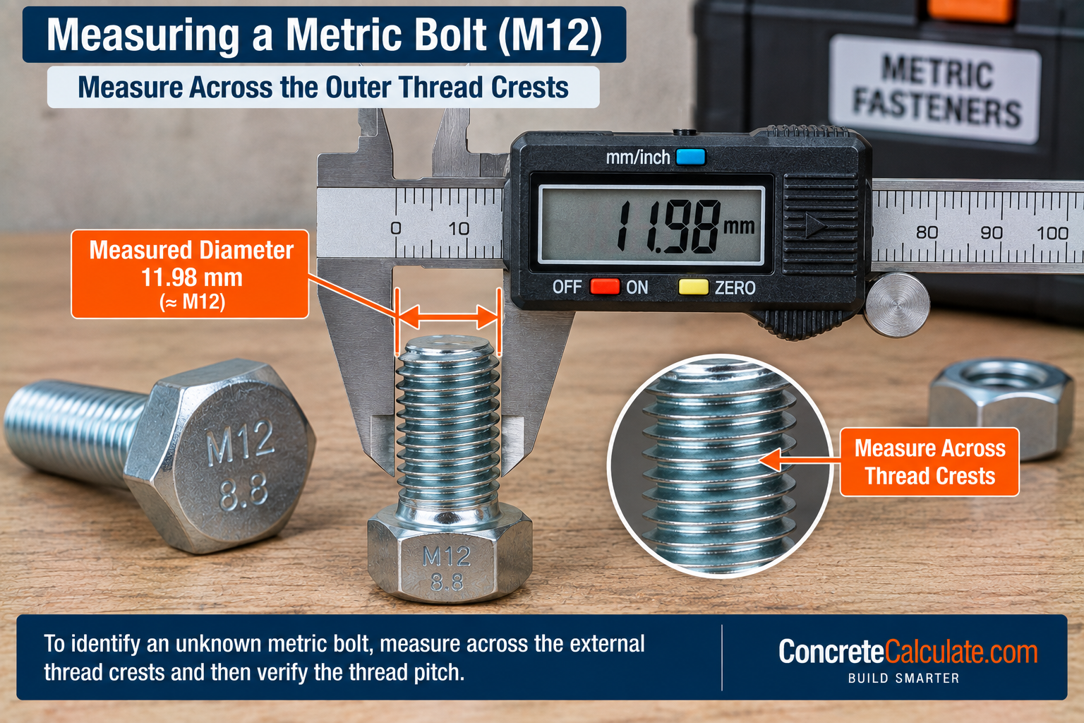 Measuring an M12 metric bolt diameter with a digital caliper across the outer thread crests, showing a measured diameter of 11.98 mm.
