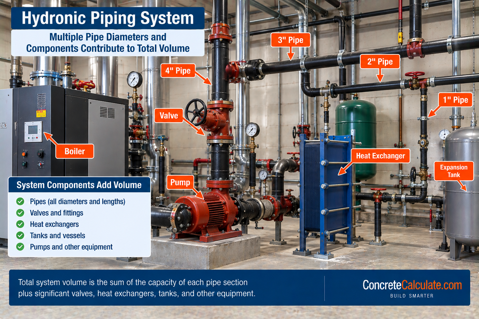 Hydronic piping system with 1-inch, 2-inch, 3-inch, and 4-inch pipes, boiler, pump, valves, heat exchanger, and expansion tank contributing to total system volume.