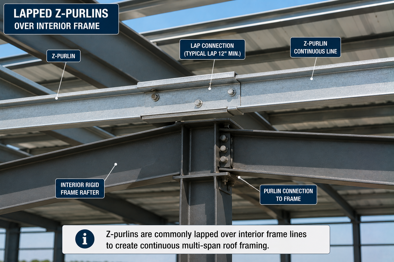 Lapped Z-purlins bolted over an interior rigid-frame rafter to create continuous multi-span metal roof framing
