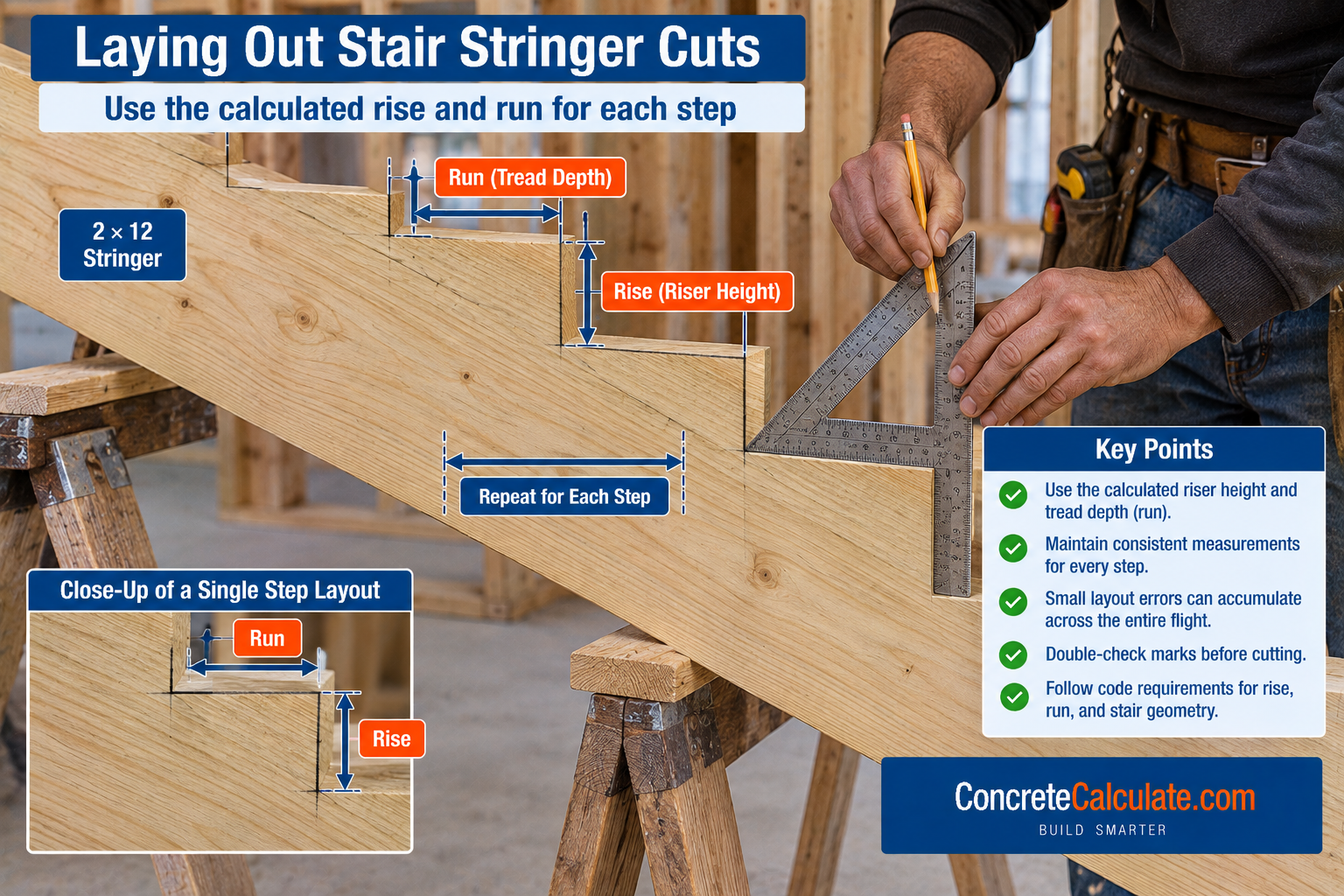 Carpenter laying out stair stringer cuts on a 2×12 board using a framing square, showing riser height, tread depth or run, and repeated step measurements.