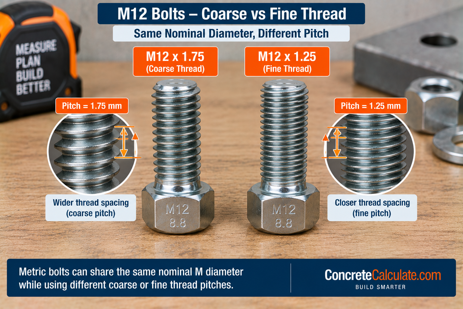 M12 coarse and fine thread bolt comparison showing M12 × 1.75 coarse pitch and M12 × 1.25 fine pitch with different thread spacing.
