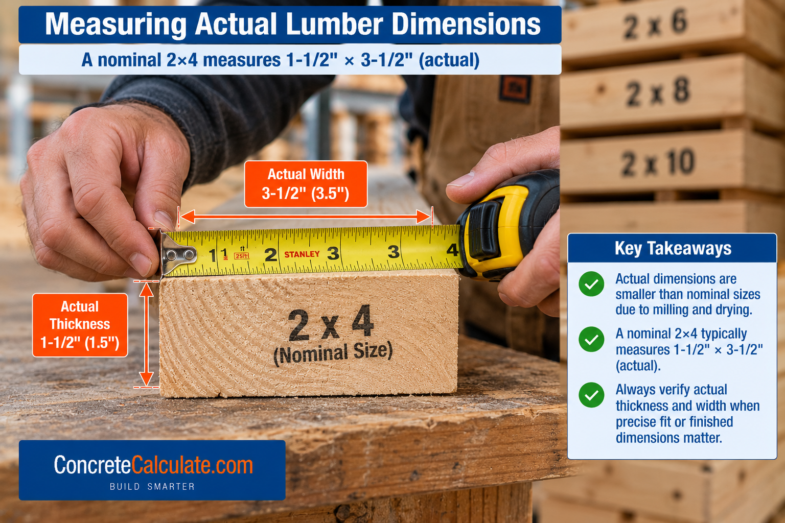 Measuring the actual dimensions of a nominal 2×4 lumber board with a tape measure, showing its actual width of 3½ inches and thickness of 1½ inches.