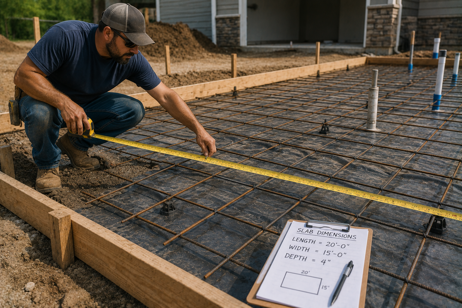 A construction worker kneels to use a measuring tape on a rebar grid laid over a black vapor barrier inside wooden formwork, with a clipboard in the foreground displaying slab dimensions of 20 by 15 feet.
