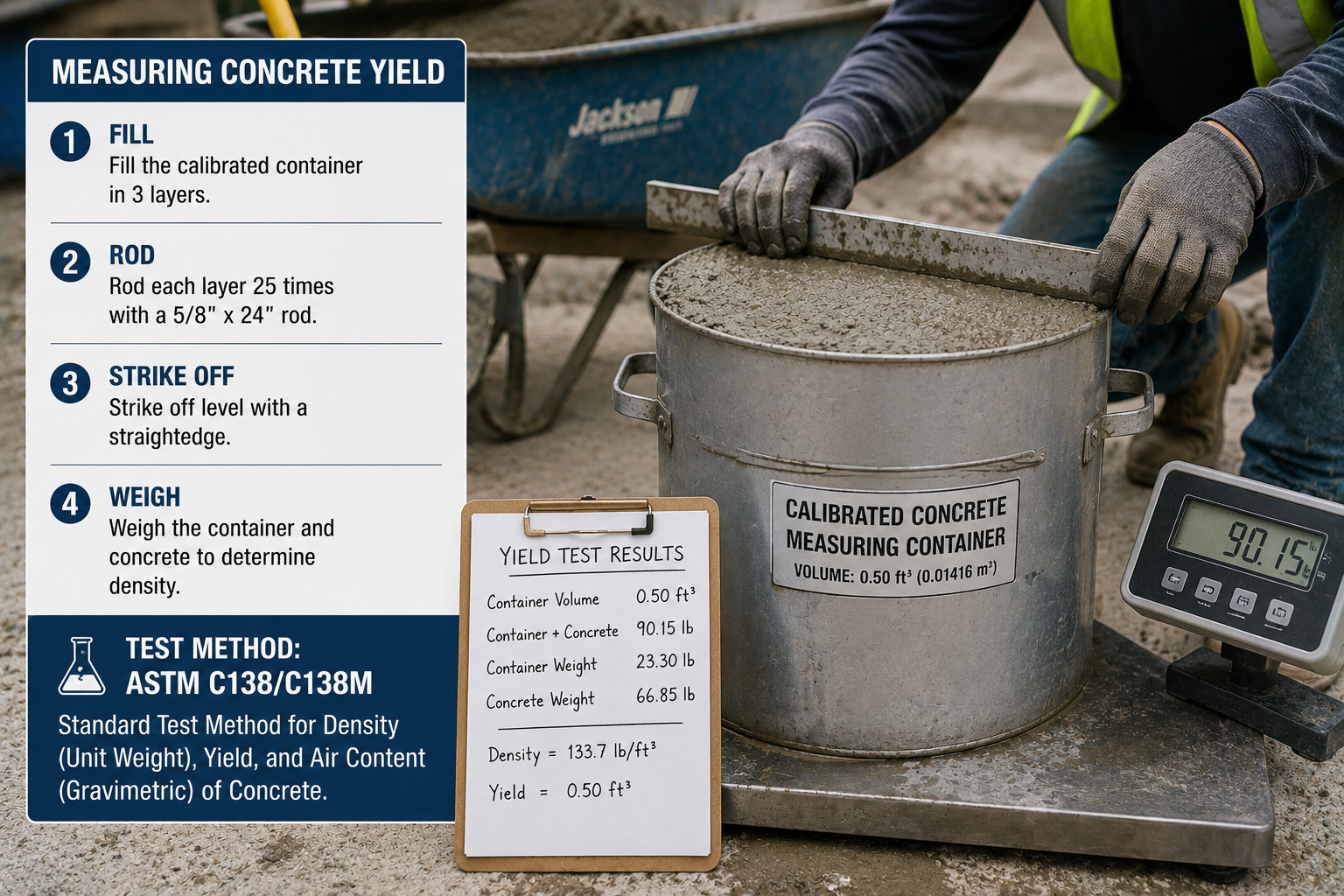 A worker performs an ASTM C138 concrete yield test by striking off wet concrete in a calibrated measuring container on a digital scale, accompanied by an infographic detailing the fill, rod, strike off, and weigh procedures and a clipboard with density calculations.