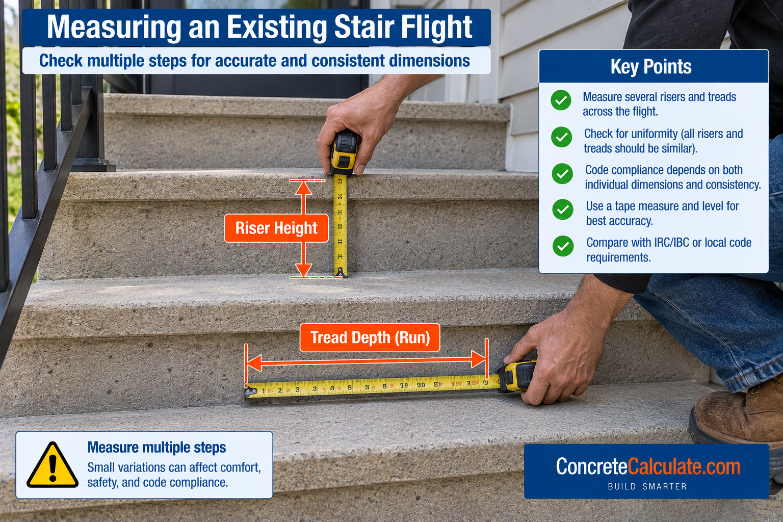 Measuring concrete stairs with tape measures to check riser height and tread depth or run across an existing stair flight.