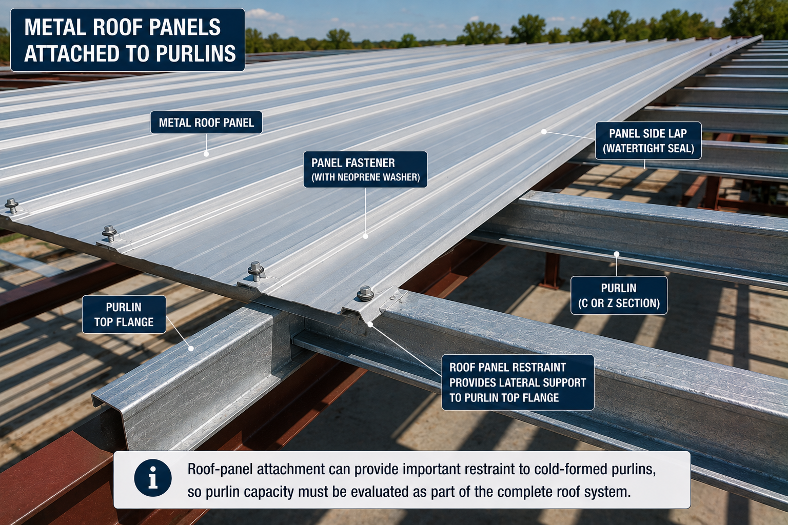 Metal roof panels fastened to C- or Z-purlins with washer screws, showing the panel side lap and purlin top-flange restraint