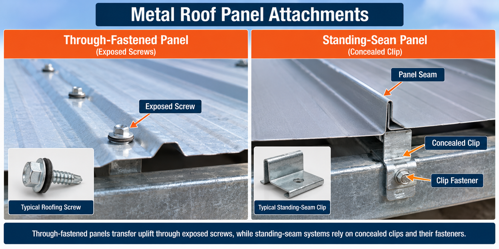 Metal roof panel attachment comparison showing through-fastened roofing with exposed screws and standing-seam roofing with concealed clips and clip fasteners.