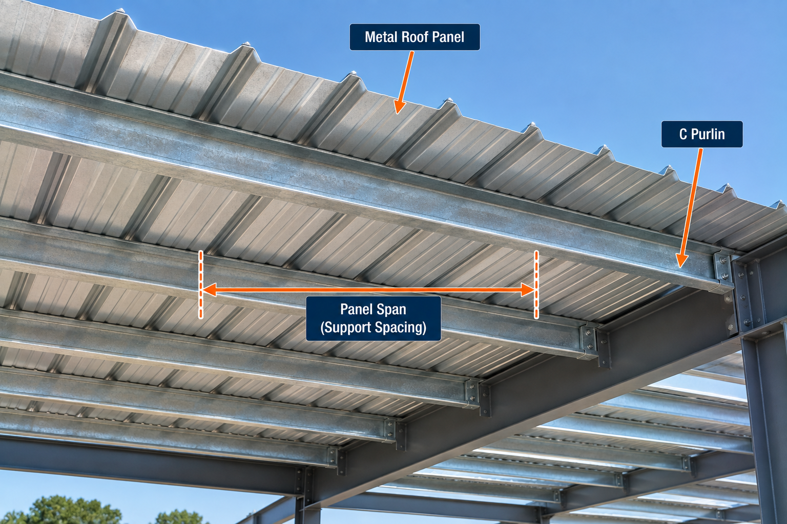 Metal roof panel span diagram showing corrugated steel roofing supported by C purlins, with panel span measured between adjacent purlin supports.