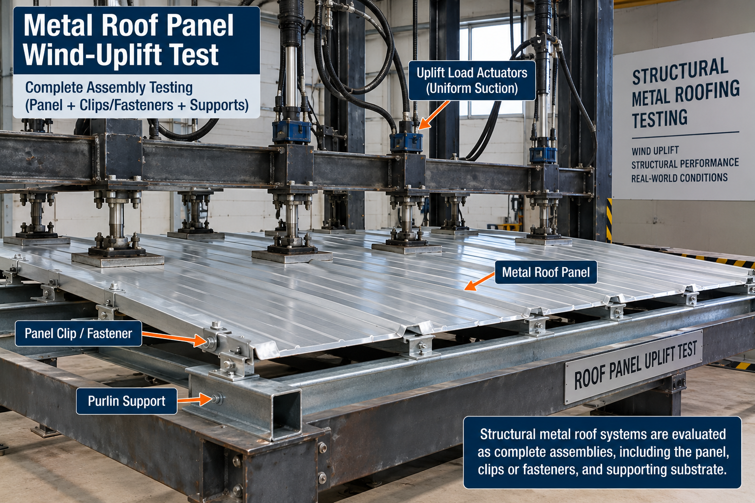 Metal roof panel wind uplift test showing roof panels, clips and fasteners, purlin supports, and load actuators applying uniform uplift to the complete roof assembly.