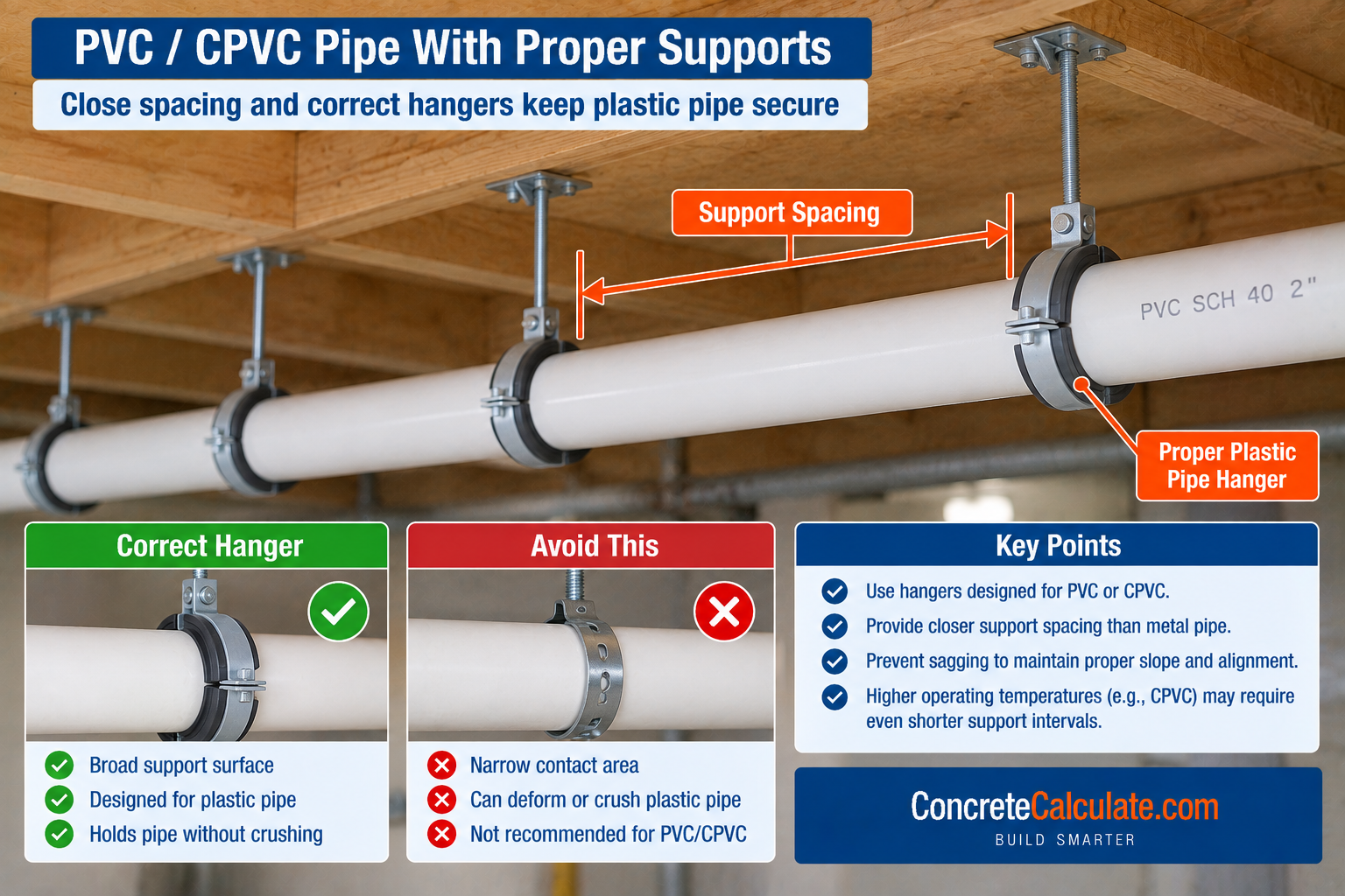 PVC pipe supported by ceiling hangers showing proper support spacing, correct plastic pipe hangers, and an example of an unsuitable narrow metal hanger.