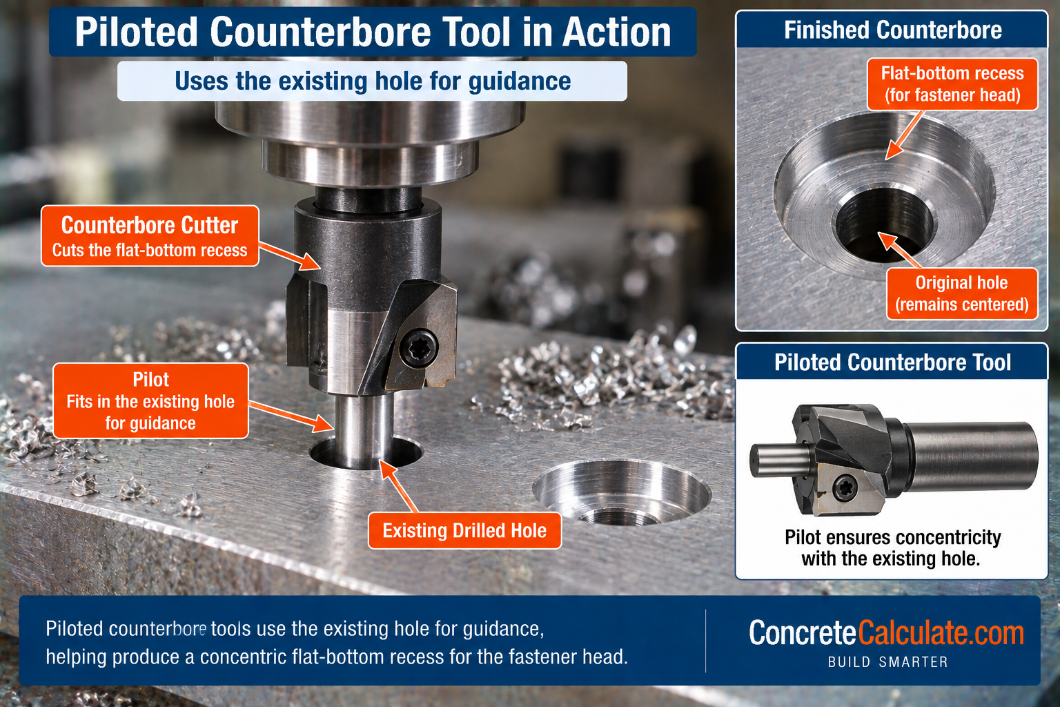 Piloted counterbore tool cutting a concentric flat-bottom recess in metal using an existing drilled hole for guidance.