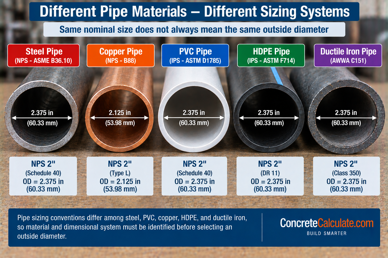 Comparison of steel, copper, PVC, HDPE, and ductile iron pipes showing how outside diameter can vary between different pipe materials and sizing systems.
