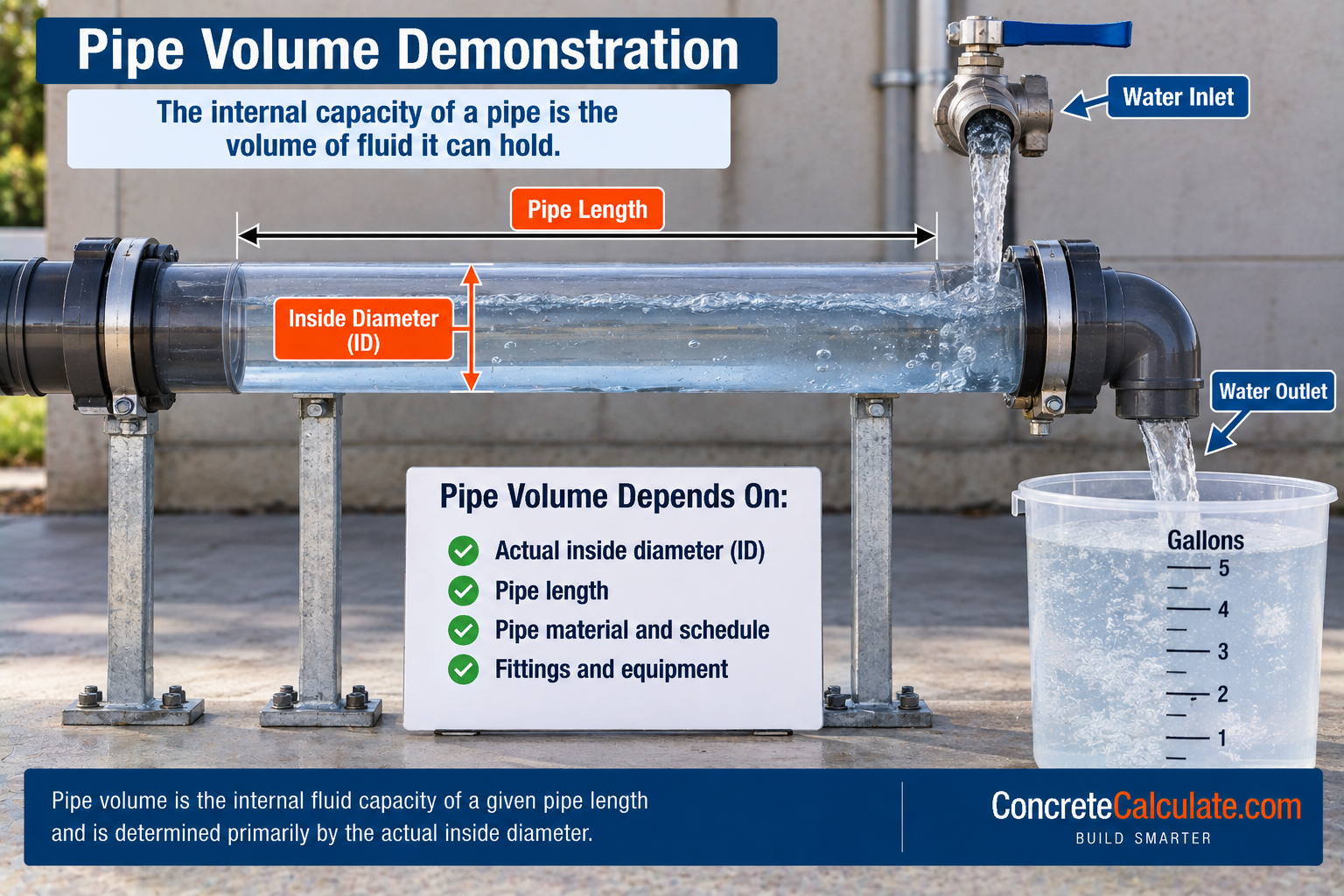 Pipe volume demonstration showing water flowing through a transparent pipe with labeled inside diameter, pipe length, water inlet, outlet, and gallon container.