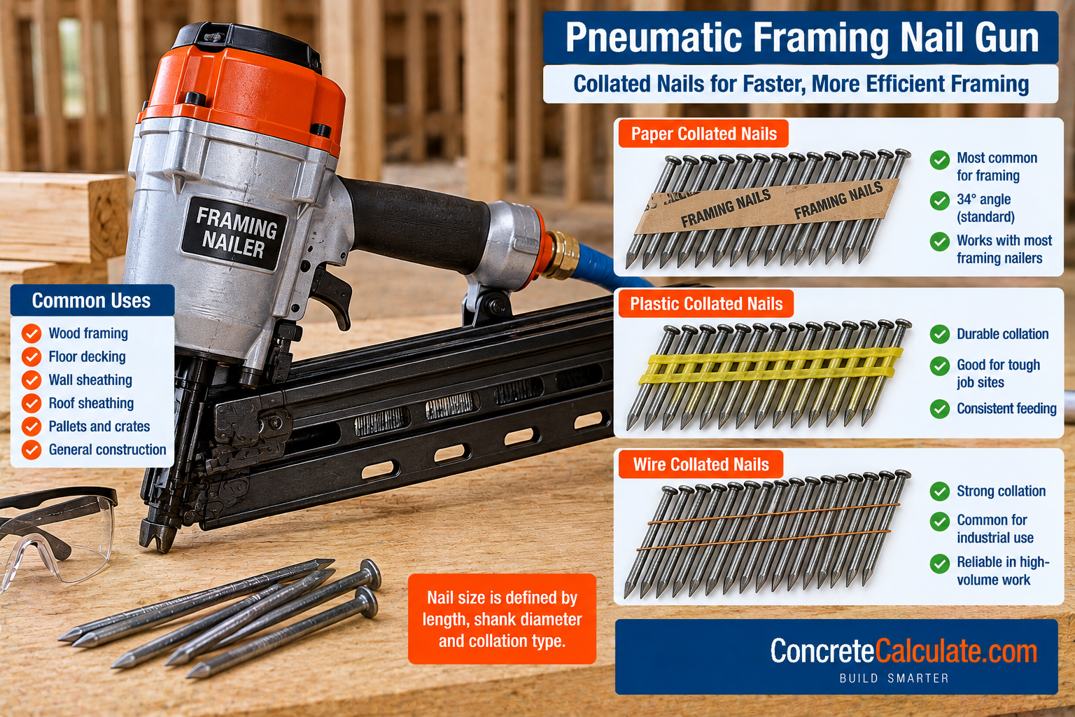 Pneumatic framing nail gun with examples of paper, plastic, and wire collated framing nails used for wood framing and construction.