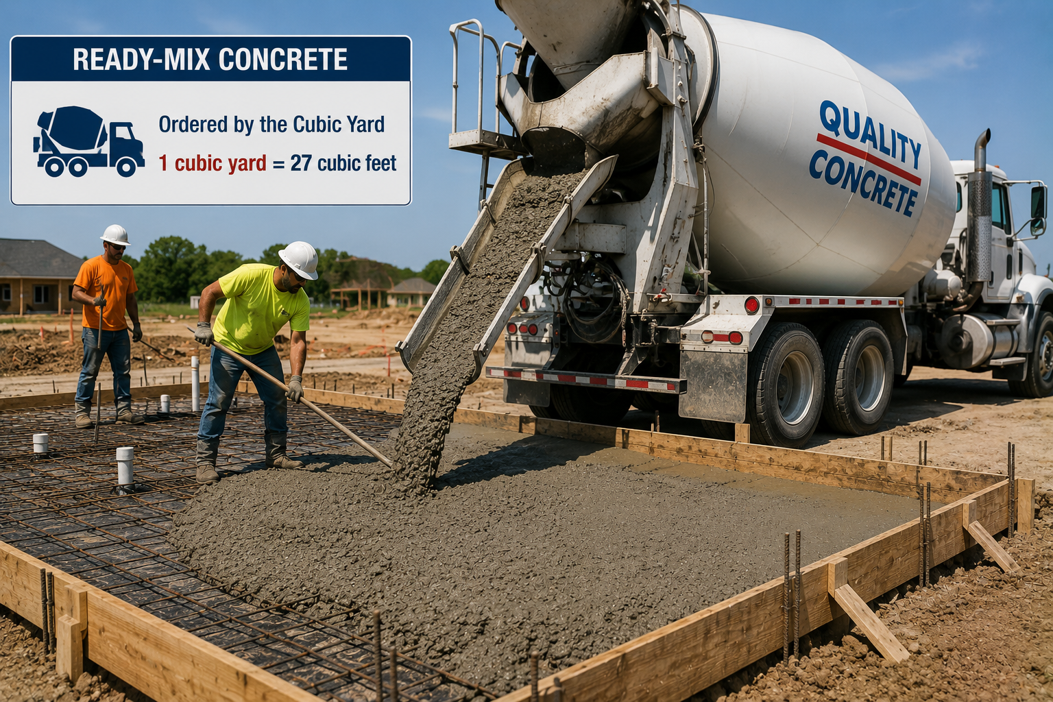 A ready-mix concrete truck pours wet concrete down a chute into wooden formwork filled with rebar, as two construction workers spread the mix. An overlay graphic states ready-mix concrete is ordered by the cubic yard, equating to 27 cubic feet.