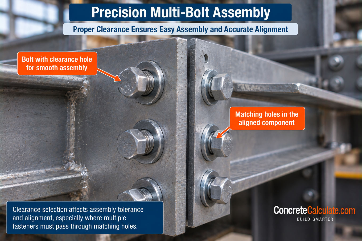 Structural steel multi-bolt assembly showing properly sized clearance holes and aligned matching holes for accurate positioning and smooth bolt installation.
