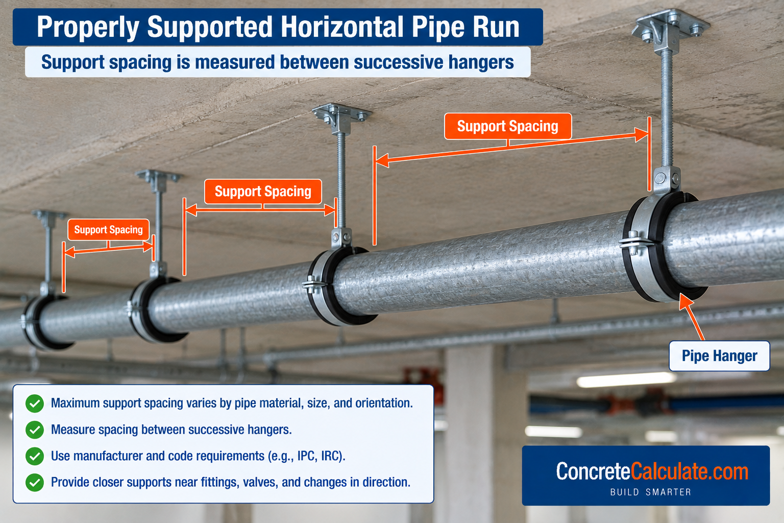 Horizontal pipe supported by ceiling-mounted hangers showing how pipe support spacing is measured between successive hangers.