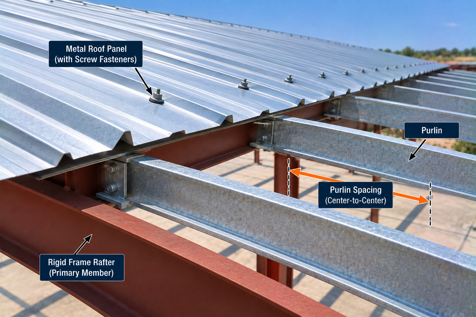 Metal roof framing detail showing center-to-center purlin spacing, galvanized steel purlins, rigid-frame rafter, and metal roof panels with screw fasteners.