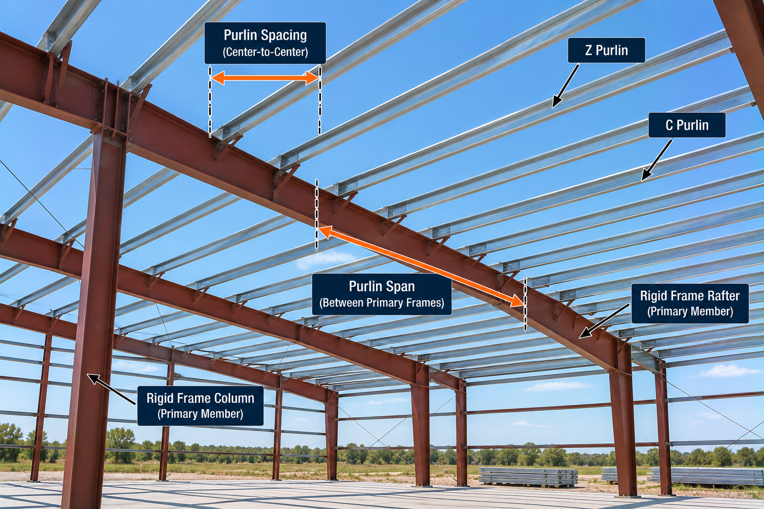 Steel roof framing diagram showing center-to-center purlin spacing, purlin span between primary frames, C and Z purlins, rigid-frame rafters, and columns.