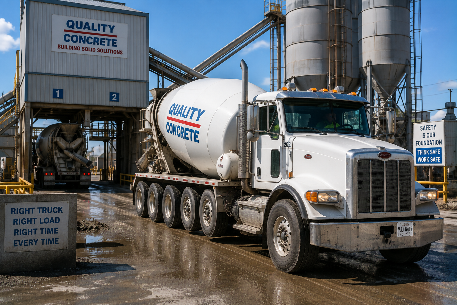 A white Quality Concrete ready-mix truck leaving a commercial concrete batching plant facility, driving past facility signs emphasizing workplace safety and precise delivery logistics.