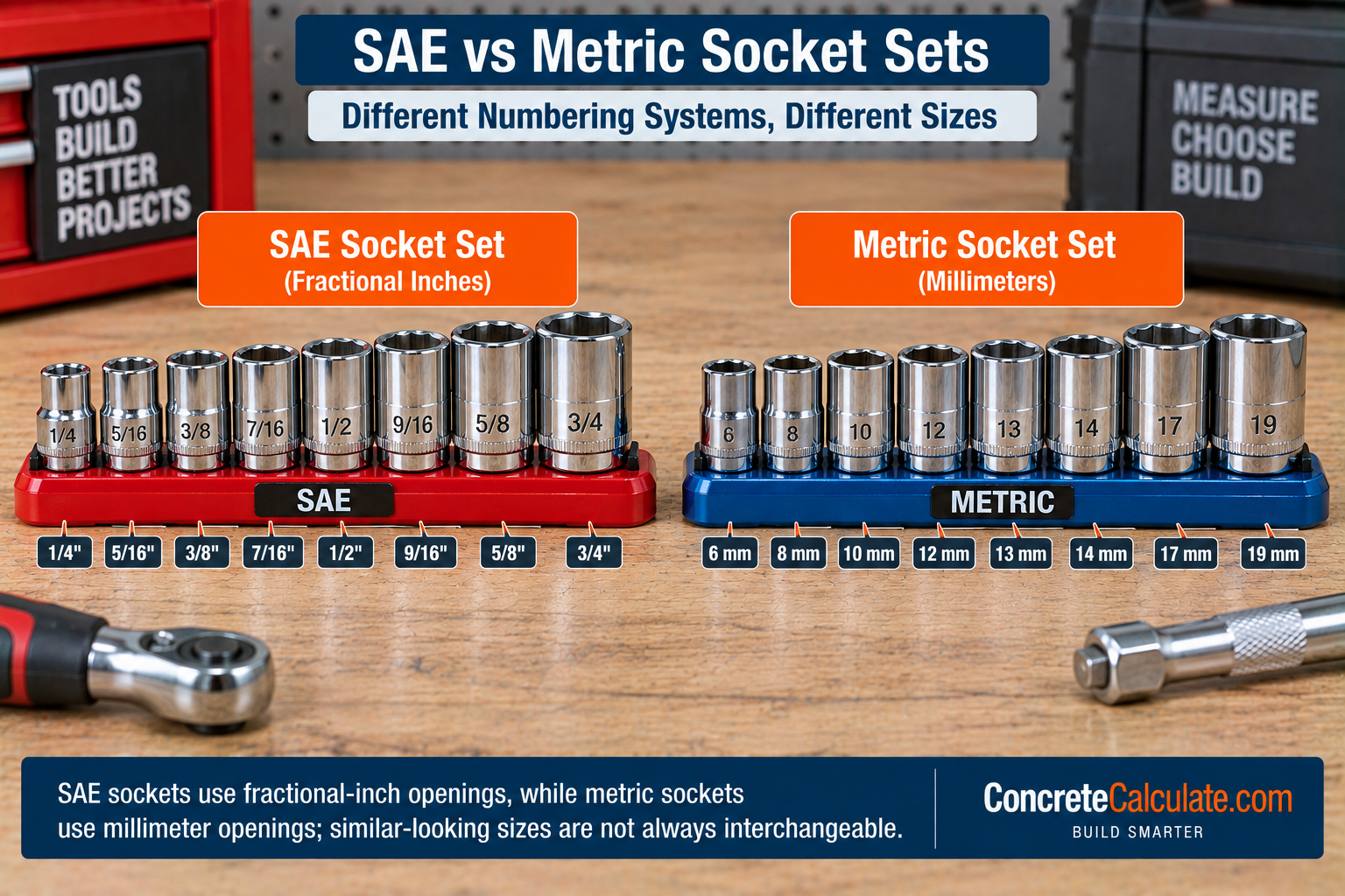 SAE vs metric socket sets showing common fractional-inch socket sizes and metric millimeter socket sizes side by side.