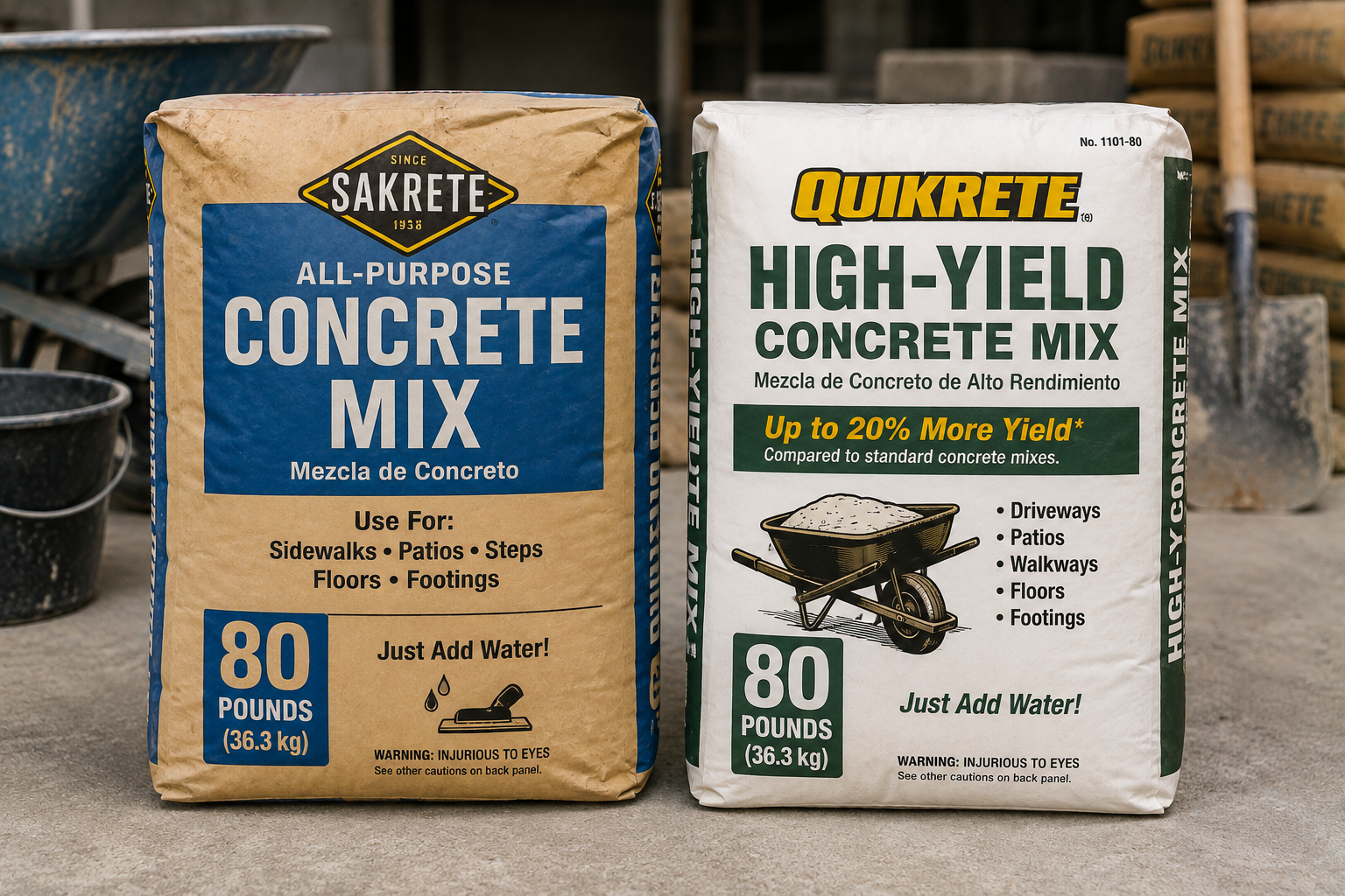 Side-by-side comparison of 80-pound bags of Sakrete All-Purpose Concrete Mix and Quikrete High-Yield Concrete Mix sitting on a concrete surface next to construction tools.