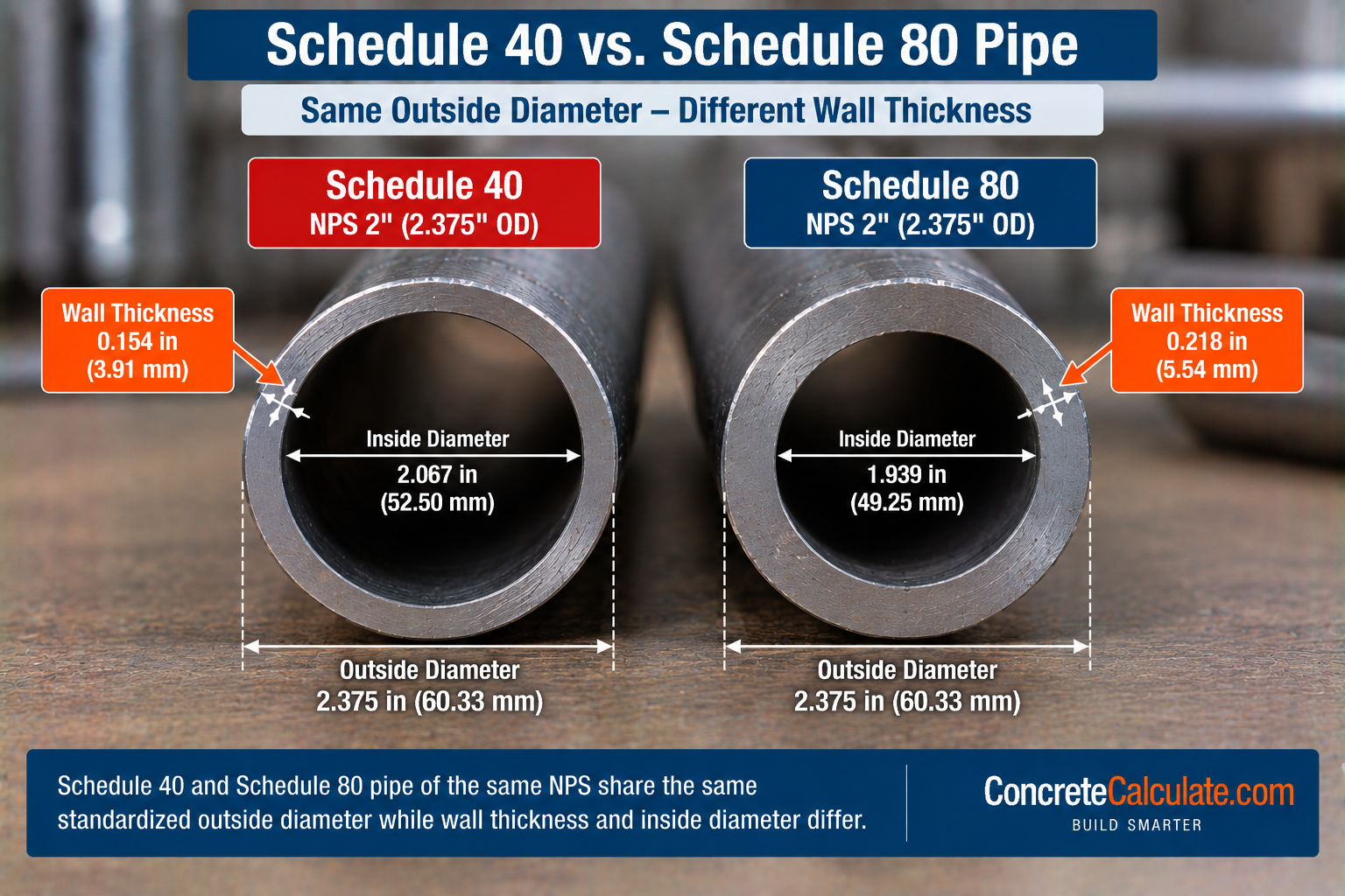 Schedule 40 vs Schedule 80 NPS 2-inch pipe comparison showing the same 2.375-inch outside diameter with different wall thicknesses and inside diameters.