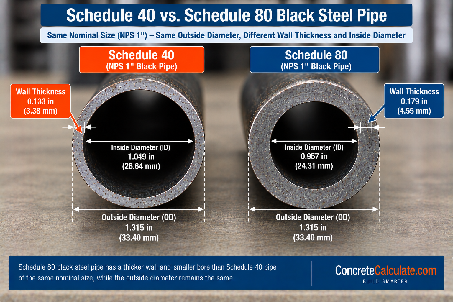 Schedule 40 vs. Schedule 80 black steel pipe comparison for 1-inch NPS, showing the same 1.315-inch outside diameter with different wall thicknesses and inside diameters.