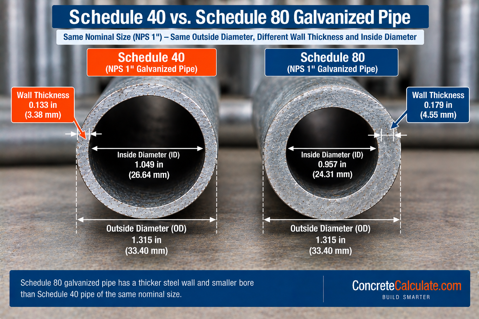 Schedule 40 vs. Schedule 80 galvanized steel pipe comparison for 1-inch NPS, showing the same 1.315-inch outside diameter with different wall thicknesses and inside diameters.