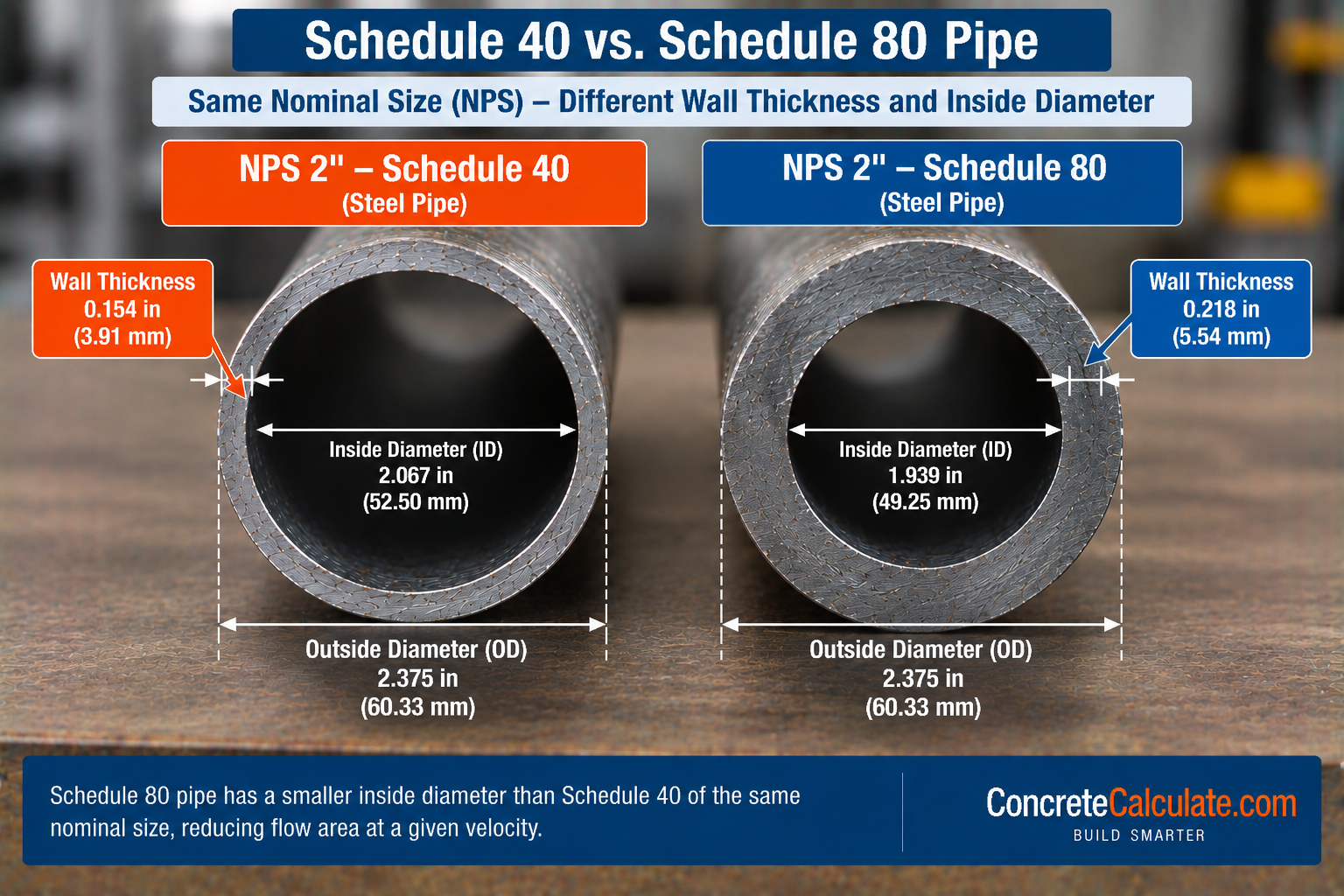 NPS 2-inch Schedule 40 vs Schedule 80 steel pipe comparison showing the same 2.375-inch outside diameter but different wall thicknesses and inside diameters.